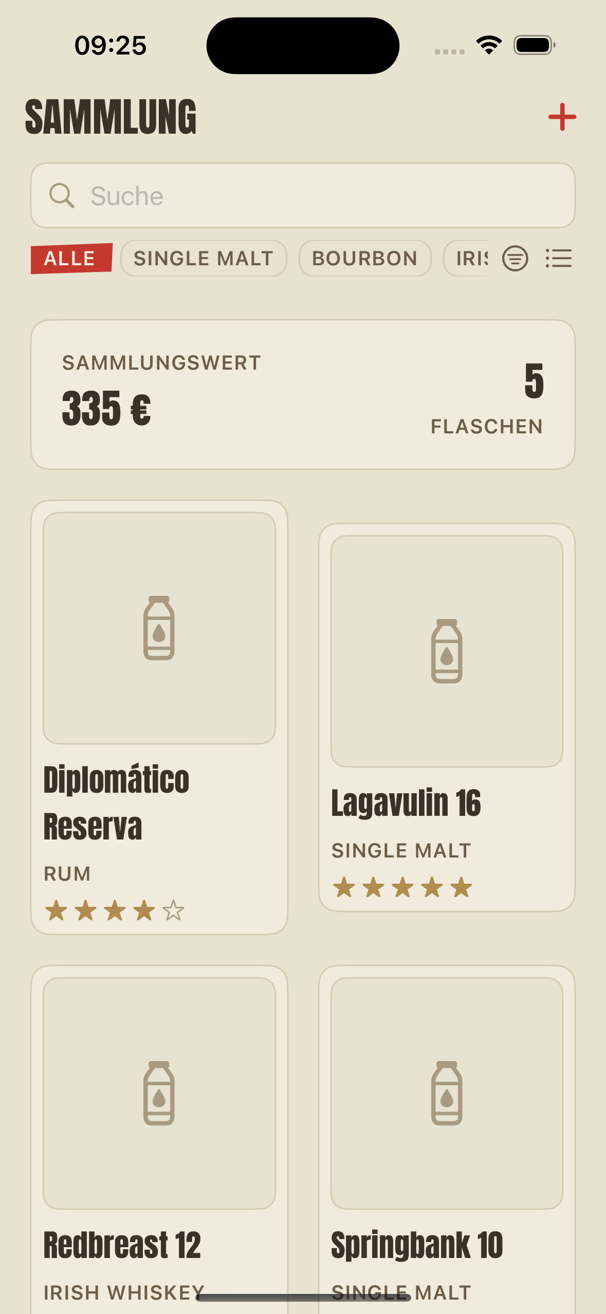 Whisky-App Rasteransicht mit Etikettenfotos
